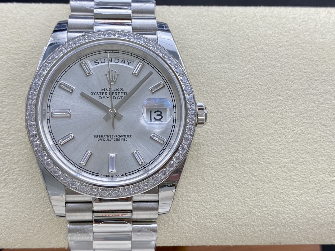Rolex Day-Date 228349RBR Silver Dial Diamond Bezel 40mm Mens Replica Watch